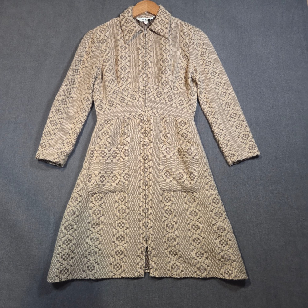 Craely Zip Front Dress Womens 10 Geometric Tapestry Knit Vtg Mod Dagger Collar